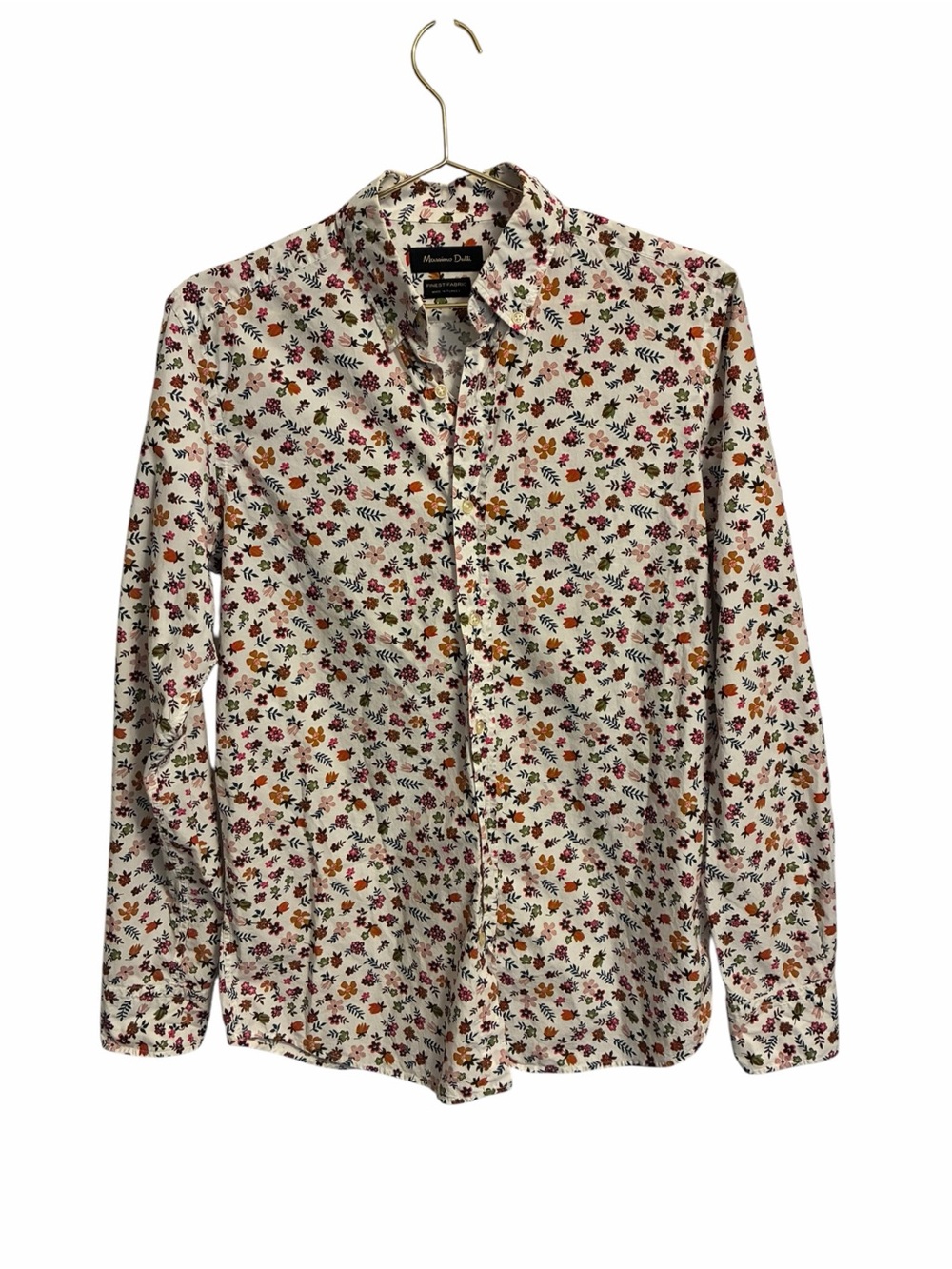 Massimo Dutti Mens Floral Button Down Shirt White Multi Color Long Sleeve Cotton
